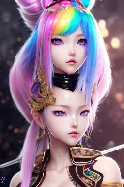 Detailed cute anime Kunoichi girl, rainbow hair buns, rainbow bangs, black latex bodysuit, intricate details, full body portrait, keep head in frame, slight smile, black Japanese motif, concept art, highly detailed, digital painting, concept art, sharp focus, illustration, art by Yoji Shinkawa, WLOP and greg rutkowski and alphonse mucha and artgerm and yanjun Chen and Junji ito and Makoto Shinkai, HDR, octane render