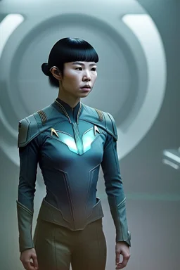 (With hyper-realistic quality), the photograph was taken using a Nikon D850 camera by Una Chin-Riley, a young individual (scored 1.5). They are depicted wearing a Sci-Fi Star Trek Starfleet outfit, set in nature with moody and diffused lighting. The overall theme suggests the persona of an explorer (scored 1.5) amidst beautiful shadows and a meticulously detailed background.