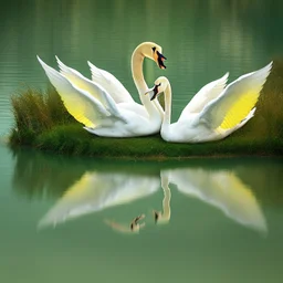 two swans in a romantic lake, dark green and warm yellow color, fantasy atmosphere, photo quality