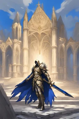 Fallen angel, black feathered wings, battle damaged paladin armor, royal blue loincloth, white and gold armor, sword of light, ruined chapel location, floating above ground