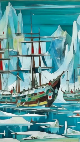 A cyan glacier with pirate ships designed in Pacific Northwest totem poles painted by Wassily Kandinsky