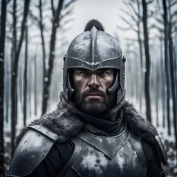 head photo of a strong warrior man wearing an iron knight helmet, full face cover, extreme cold stormy and windy weather, cold forest tundra, cinematic and dramatic photo