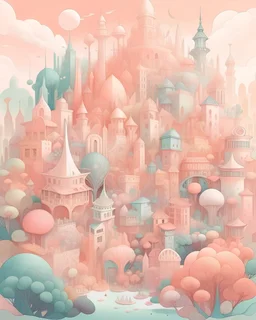 a dream like city which is made from pastel colours. the city seems spread out and there are lots of buildings but it is very peaceful and lots of plants