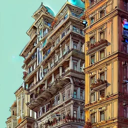 A city in a condo"+Beaux Arts architecture+palladio+detailed facades biopunk+Bueno Aires+turin+trieste+ +Book illustration by Gediminas Pranckevičius, Jean Baptiste Monge, Brian Kesinger, Anton fadeev, Kilian Eng, strong lines, high contrast vibrant colors, highly detailed, 16k resolution, trending on behance