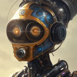 a beautiful full frame portrait digital painting of futuristic gaspunk robot, wide angle view, close-up, macro lens, centered camera, titanium accents, intricate details, small minutiae, tiny features, particulars, colorful, 8k, least ambient occlusion, volumetric lighting, volumetric clouds