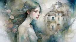 A stunning blend of impressionism and surrealism, inspired by Claude Monet and Salvador Dali, depicting the most beautiful girl in the town beckoning from a hidden spot on the wall. Soft pastel colors, dream-like atmosphere, intricate details, mysterious and enigmatic vibe, floral elements, hidden faces