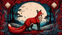 pen and ink, liquid ink, best quality, double exposure, vintage triadic red colors, "THE FOX" tarot card, eerie and detailed image, Craola, Dan Mumford, Andy Kehoe, 2d, plan, vintage, art in cracked paper, patchwork, detailed storybook illustration, cinematic, ultra highly detailed, mystical, luminism, vibrant colors, complex background