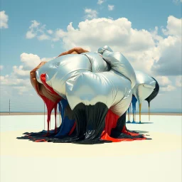 Fotografia di una superficie piatta di colore azzurro chiaro e giallo pastello, su cui si ergono alcuni gigantesche immense enormi cose di forma Yves Tanguynica, fatte di materiali vari, ricoperte da materiale plastico argentato, rosso, blu, e nero, che scende a terra. Max Ernst, Amano, Yves Tanguy, Piet Mondrian, James Ensor, paranoic, obsessive, minimalista, aria aperta, sole, nuvole, glossy, surreal, hasselblad h6d400c --ar 85:128 --v 6.