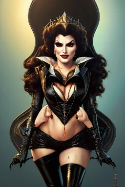 painting of lisa ann as evil queen in black leather, feminie, angry, stern look on her face, volouptous, busty, cleavage, emperious, mature, highly detailed, digital painting, artstation, concept art, smooth, sharp focus, illustration, art by gaston bussiere and alphonse mucha