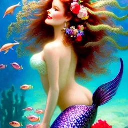 Perfect and beautiful face of teen robyn lively, holographic mermaid, holding a bouquet of floral coral, bubbles, upward flowing long hair, gloves hidden under the bouquet, underwater with seashells and fish, seahorses, coral, fantasy, regal, intricate, by stanley artgerm lau, greg rutkowski, thomas kinkade, alphonse mucha, loish, norman rockwell