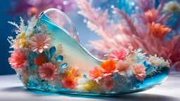 close-up of a beautiful glass shoe, inspired by David LaChapelle, glass flowers, high quality product image, coral reef, flora and fauna, cosmic nebula, Christian Dior style light background, with frozen flowers around of her, stunning design, beautiful, side profile illustration, glass painting, multicolor, displayed, backlight
