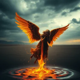 A hyper-realistic photo, A hyper-realistic photo, beautiful fallen angel disintegrating into gold dripping ink and slime::1 ink dropping in water, molten lava,4 hyperrealism, intricate and ultra-realistic details, cinematic dramatic light, cinematic film,Otherworldly dramatic stormy sky and empty desert in the background 64K, hyperrealistic, vivid colors, , 4K ultra detail, , real photo, Realistic Elements, Captured In Infinite Ultra-High-Definition Image Quality And Rendering, Hyperrealism, rea