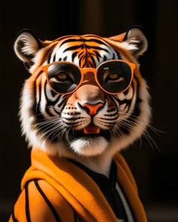 a tiger wearing sunglasses, full body, highly realistic photo, the tiger is smiling, shot with sony alpha 1 camera, shot on canon eos r5, shot on canon eos r 5, highly realistic photograph, a tiger, shot on nikon z9, anthropomorphic tiger, with a cool pose, ((tiger)), stylish pose, aggressive look