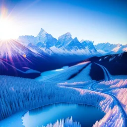 A small frozen crystal blue lake centered around snowy himalayas mountains, high resolution, realistic, beautiful, volumetric lighting, colorful, masterpiece, crystalline,dawn,cloudy, detailed, aerial view, 8K, intricate details, cyberpunk, cosmic