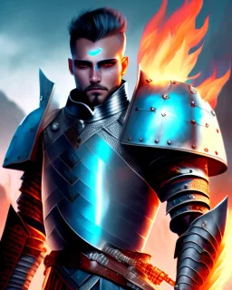 A commander with flaming eyes with flaming light blue pupils with stubble An armor made of a mixture of steel and leather, worn by a strong commander with magical power stands atop a squire