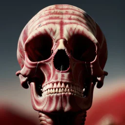 a picture of a dark, comedic, anatomically correct wall of red white and blue tightly packed stacked skulls of varying sizes and expressions, photo realistic, insanely meticulous, highly detailed, part of a collection of bones on display, 64k, dystopian, vray, anatomically correct