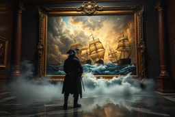 create a surreal oil painting in Rembrandt-style lighting: a pirate stands before a massive baroque-framed naval painting in a dark museum. The sea battle within the painting spills out into the gallery — waves crashing onto the marble floor, mist and smoke filling the air, cannons firing, sails emerging from the canvas. The pirate is illuminated by golden light from the scene, his coat caught in the storm wind. Reflections shimmer on the walls. Rich chiaroscuro tones, deep shadows and warm high