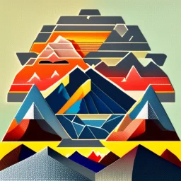 Geometrical mountain scene with sunset and bird's