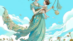 A serene, dreamlike image of a mother carrying her child in a sling, walking gracefully against an aquamarine blue sky. The child gazes up at her with a sweet smile, their hands holding a small toy. The mother's flowing dress is adorned with delicate patterns and flowers, and she wears a simple yet elegant headpiece. Clothes are hanging on a clothesline behind her, billowing gently in the breeze. The overall atmosphere of the image is peaceful, with a hint of a gentle summer's day.