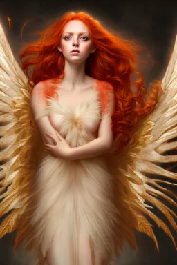 An angel with messy red hair, gold eyes, large, feathered wings that look damaged.