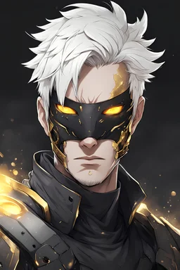 Anime Style drawing, 35 year old Adult Male, Short Messy White Hair, The right side of his face is covered by a black symbiotic living armored face mask, Glowing golden eyes