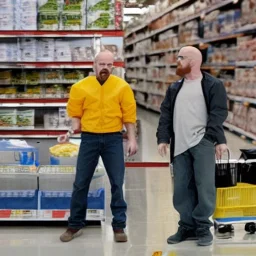 Walter White yells at Jessie Pinkman in a Costco, photorealistic
