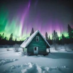 analog film minimal liminal icy a frame dimly lit cabin front elevation squared off and centered with icy trees behind and brilliant purple green aurora borealis - foreground is simple snowy field