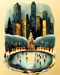 imagine an Art Deco style watercolor painting with gold foil applied to buildings. image of a Winter Park with a frozen pond, a Christmas tree, ice skaters, in foreground. background shows a cityscape with dark blue buildings accents with gold foil and One building is entirely gold foil. Christmas vibes, festive, elegant styling. MY PROMPT ABOVE. I used Microsoft Designer to create these images. I love how they turned out!
