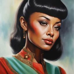 Uhura, wearing her star trek uniform, Facial Portrait, dark, multicolored watercolor stained wall in the background, oil painting in the art style of Boris Vallejo, 32k UHD, Hyper realistic, photorealistic, realistic, sharp, highly detailed, professional quality, beautiful, awesome, majestic, superb, trending on artstation