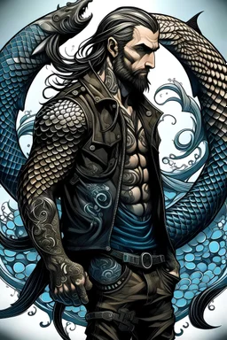 triton with human body, tattoos of scales and waves, dressed in a black leather jacket