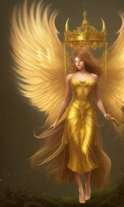 Angel with big wings and golden crown floating above the ground in the dark forestSorrow