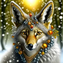 Masterpiece 3D render digital art photostudio quality Just a sprinkle of magic dust, a sprig of berries over a beautiful fox with a bushy tail, backdrop forest winter landscape, insanely beautiful face , silver and gold snow swirl in background, pearls and beads and gold lines