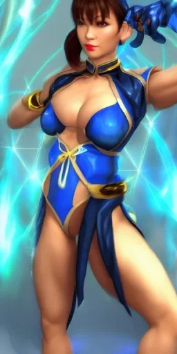 kristin kreuk face, street fighter blue chun li clothes, portrait busty and face, wearing blue dress, light effects, particles,