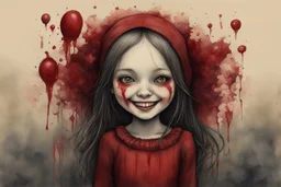 body anormal, smile blood, girl cute, watercolor illustration by <John Kenn Mortensen>, darkred tones,