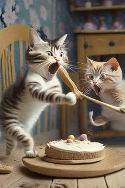 mother cat chasing baby cat with wooden spoon eating cake with wooden spoon at 70th bithday party