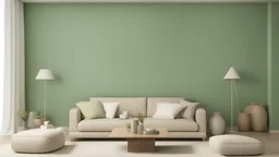 Sala minimalista, sofa castanho, parede verde claro