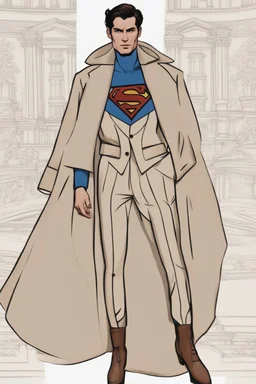 a winter fashion runway with moderna clothes inspired by Superman style, embroidery elegante fashion beige tones