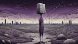 inner an giant block of amorphe stone of several layers a human figure stands alone , in outside around weird landscape with city in the distance, sharp lines, fade pale eyes, fade human figures in city, dark purple, gray, black, white, brown. Whimsical style and surreal vibe, lonely with absurd broken land, neuron network background, surreal nightmare vibe