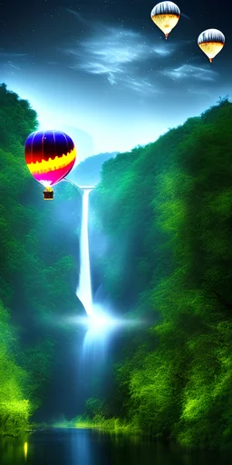 Flying balloon in the night, river under, waterfall as background, dramatic, epic, wide angle