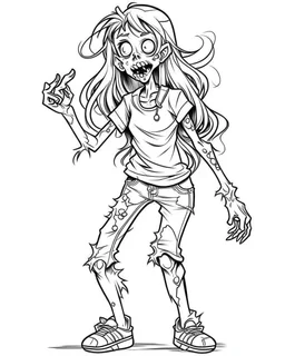 cartoon girl zombie, coloring image, full body (((((white background))))), only use an outline., real style, line art, white color, clean line art, white background, Sketch style