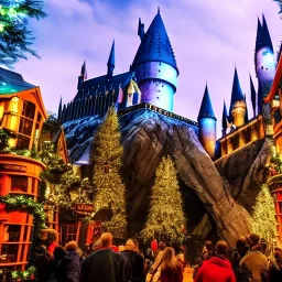 Harry Potter world with magic with beautiful surroundings with clear features and avartars, big fight with dark theme and winter background with christmas touch