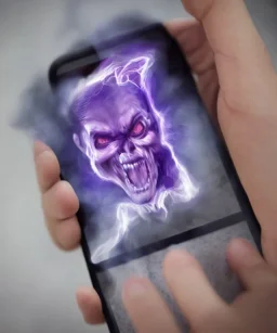 Demonic ghost climbing out of a cellphone screen