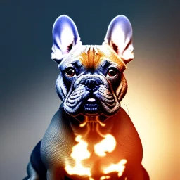 a detailed illustration of a french bulldog, phoenix bird wallpaper, luminescent body, full body, symmetrical body, realistic, glowing muscles, sharp focus, meticulously detailed, soft evening sky, 64k