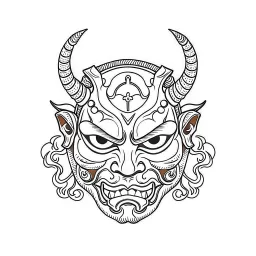 White, minimalis line art , cute oni mask japanes , vector, white background, outline, with images neatly contained within the background, just black and white color, tatto style.