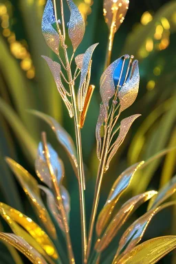 metallic garden - shiny-brass-stems, shiny-copper-leaves, shiny-chrome-open-flower-petals, shiny-metallic-cobalt-grass, glass flowers. sharp focus elegant extremely detailed intricate very attractive beautiful dynamic lighting fantastic view crisp quality exquisite detail in the sunshine gems and jewels