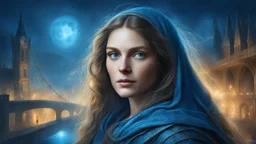 Old canvas, Portrait of a Medieval beautiful woman, loose hair, fantasy, night, fog, blue, city, bridge, sparkles, fine rendering, bright colors, high resolution, 3D, clear lines, photorealism,