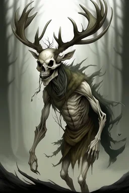 wendigo with a deer skull covering head and face with a snout and emaciated full body image