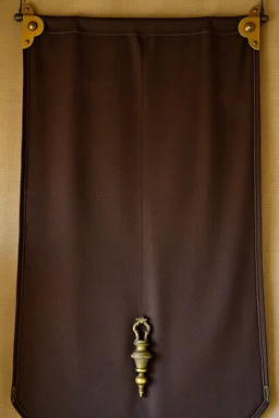 darker textured hanging fabric background, with decorative brass corners at top, and a heavy brass decorative element attach along the bottom