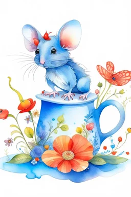 Prompt: Create a watercolor-style image of a CGI female mouse with fairy wings holding a red heart, standing by a shiny English blue and white china pot shaped like a coffee pot, amidst colorful wildflowers, with a butterfly nearby, aiming for a storybook aesthetic with a