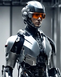 Full body soldier with Face of Hi tech futuristic soldier cyborg with enhanced vision, wearing sleek, metallic headgear reminiscent of Google's Project Glass in Laboratorium Computers